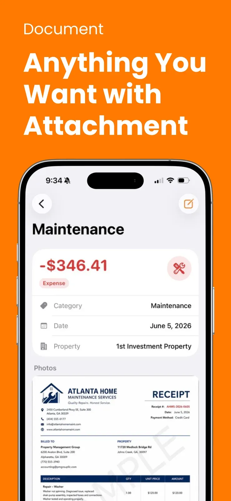 A maintenance expense with the contractor receipt attached
