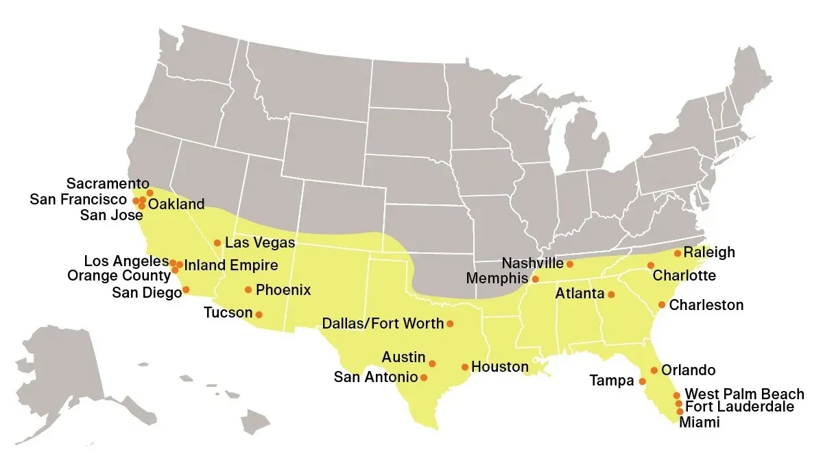 Map of the United States with the Sun Belt highlighted and its major metros marked