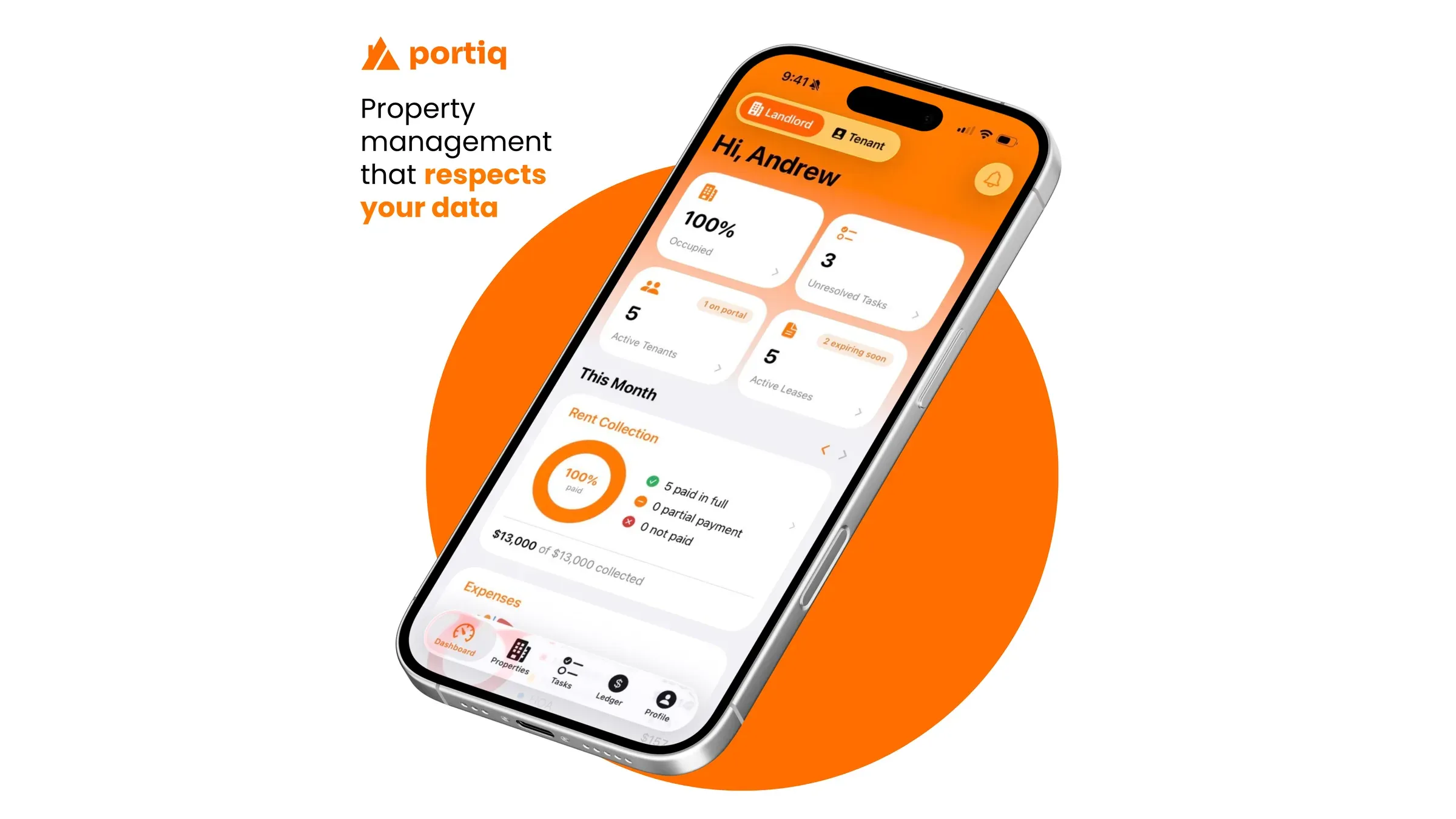 The Portiq dashboard showing 100 percent occupancy, five active tenants and full rent collection for the month