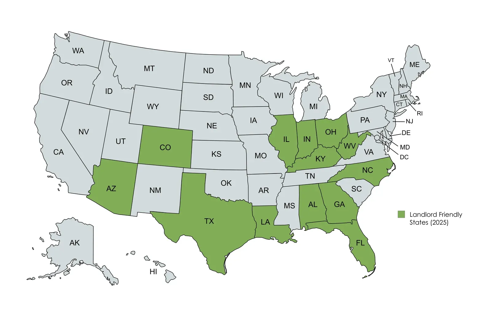 Map of the United States with landlord-friendly states highlighted in green as of 2025