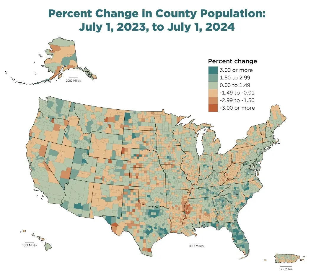 County-level map of percent change in United States population from July 2023 to July 2024