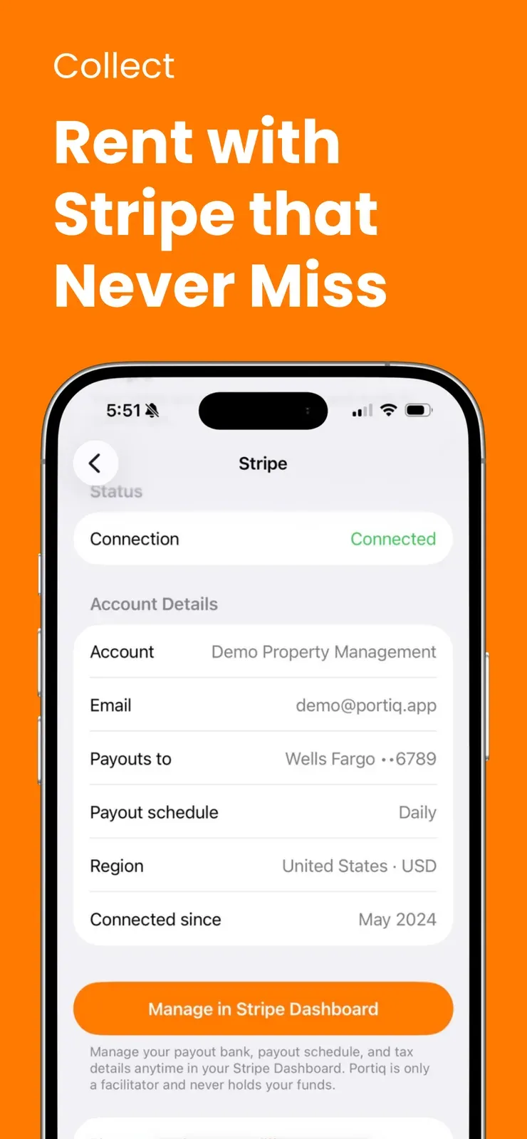 Stripe connected for rent autopay, paying out daily to a linked bank account