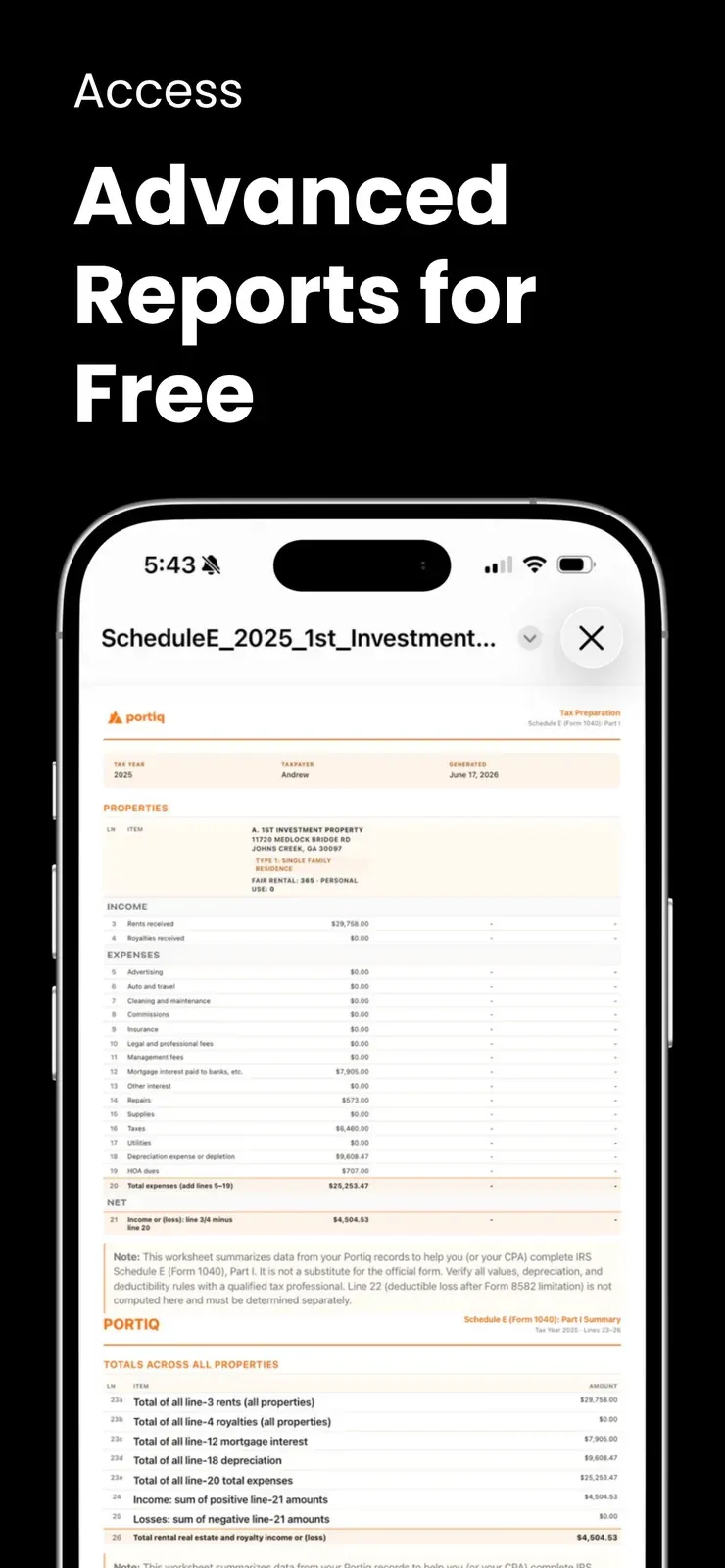 A generated Schedule E tax preparation worksheet with income, expenses and depreciation