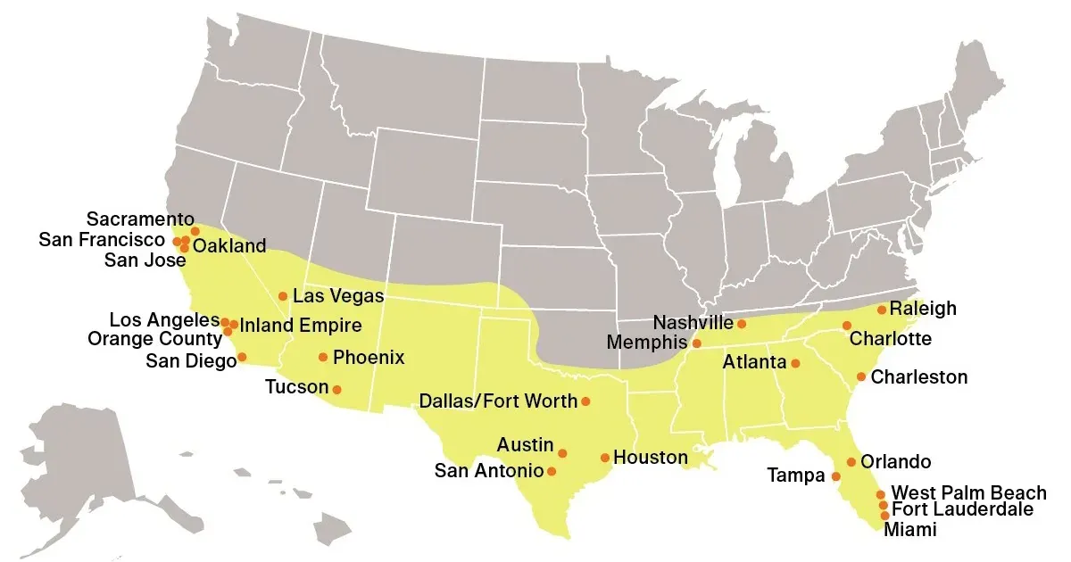 Map of the Sun Belt across the southern United States with its major metros marked