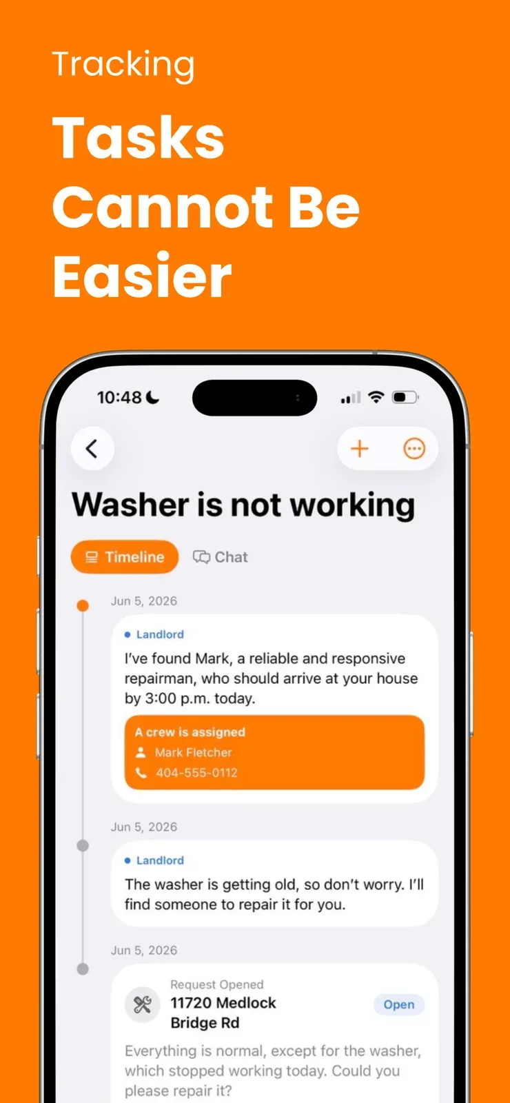 A repair request timeline for a broken washer, with an assigned crew and chat