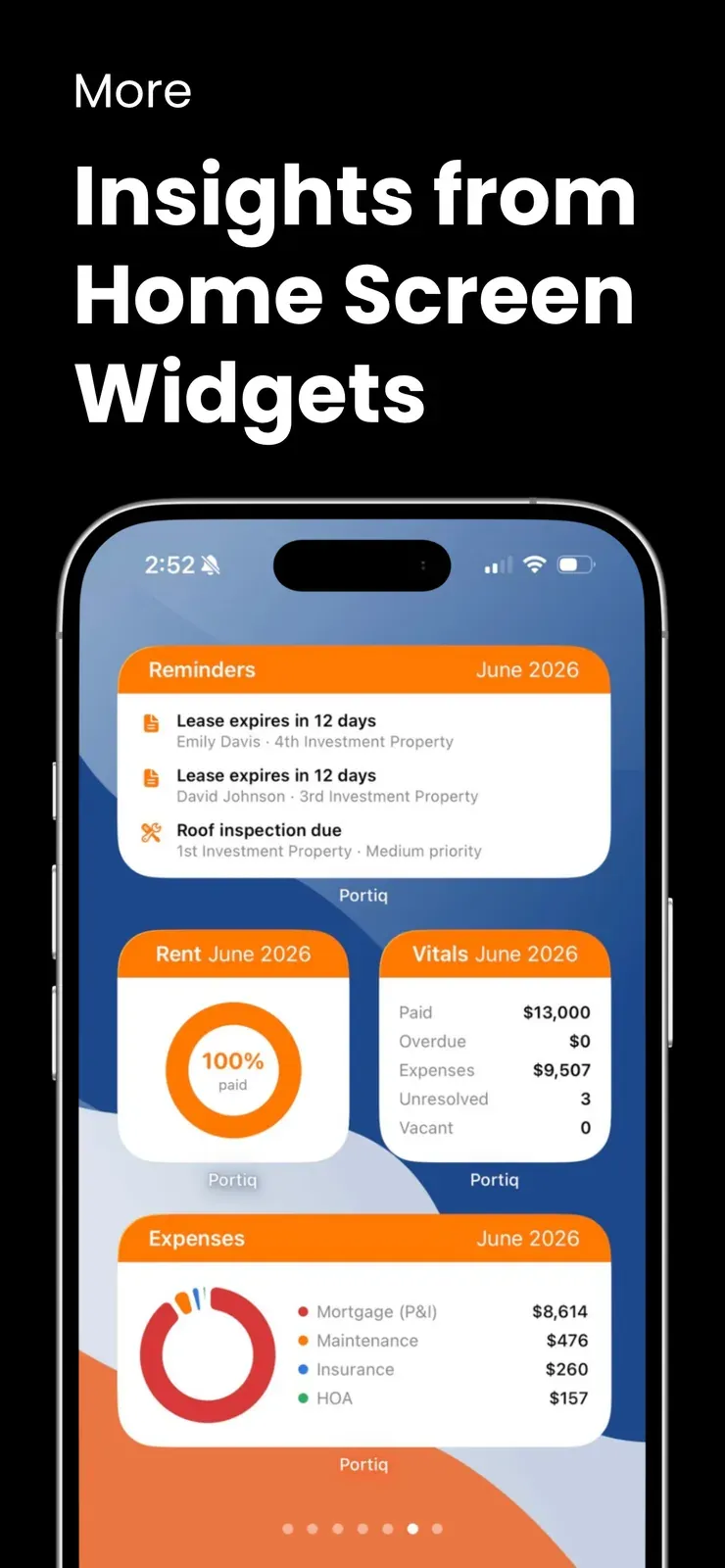 Portiq Home Screen widgets showing reminders, rent collected, vitals and expenses