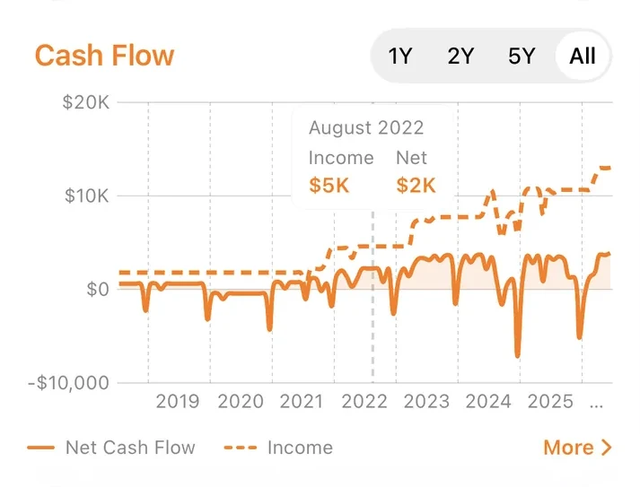 Portiq cash flow chart of net cash flow and income over time