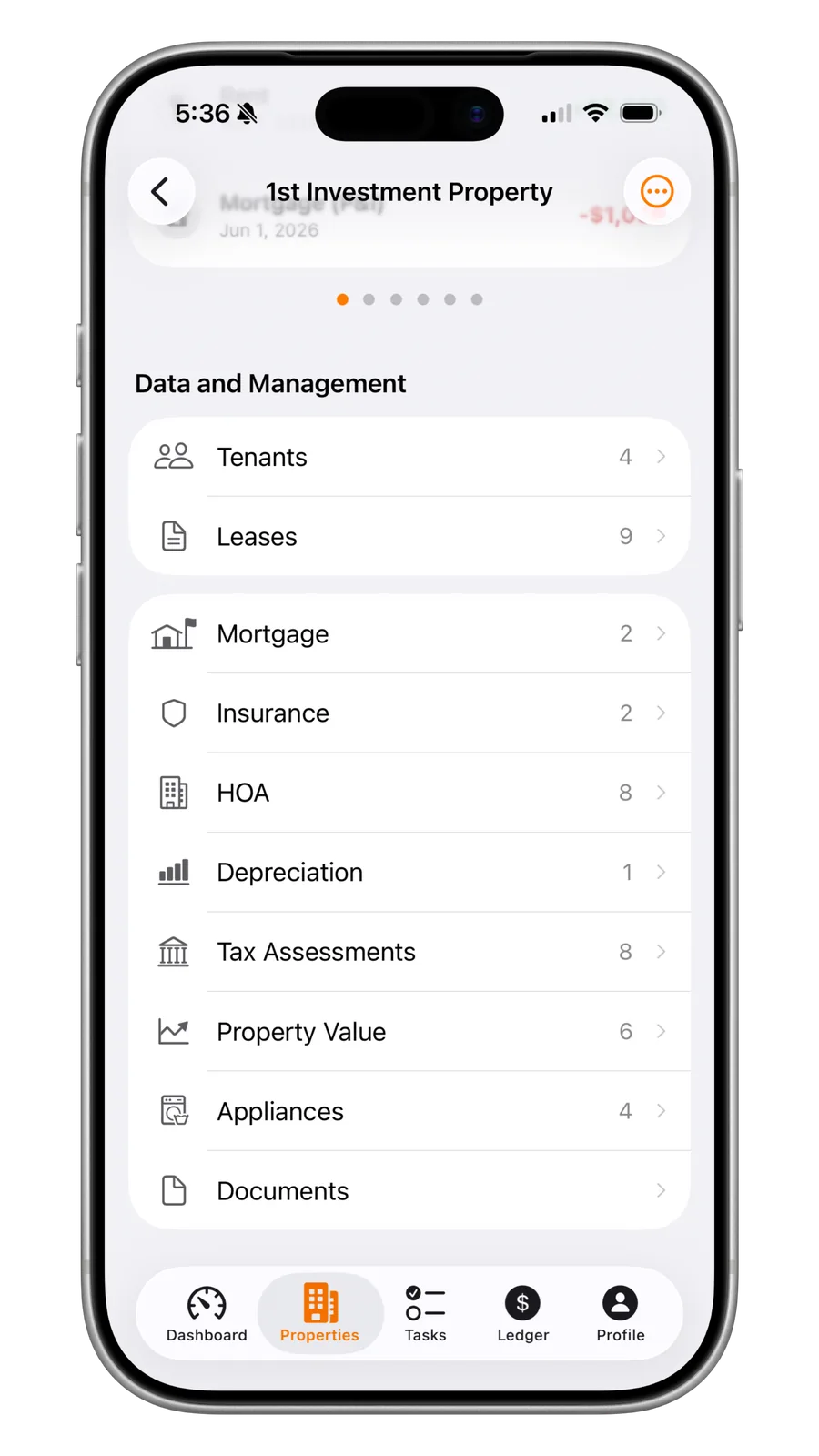 Portiq property data and management list with tenants, leases, mortgage, insurance and HOA