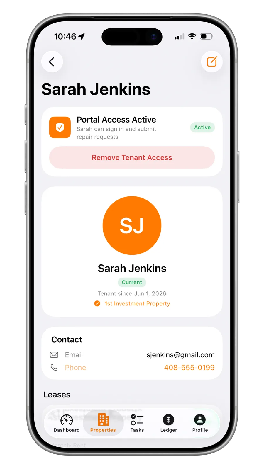 Portiq tenant detail with portal access active and contact info